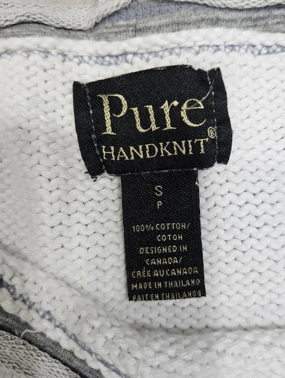 VTG Pure Handknit White Cotton Pullover Sweater Sz S Gray Pockets Rolled Hem